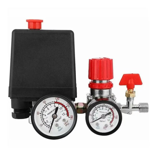 Presostat compresor aer cu regulator, 2 manometre, robinet si supapa