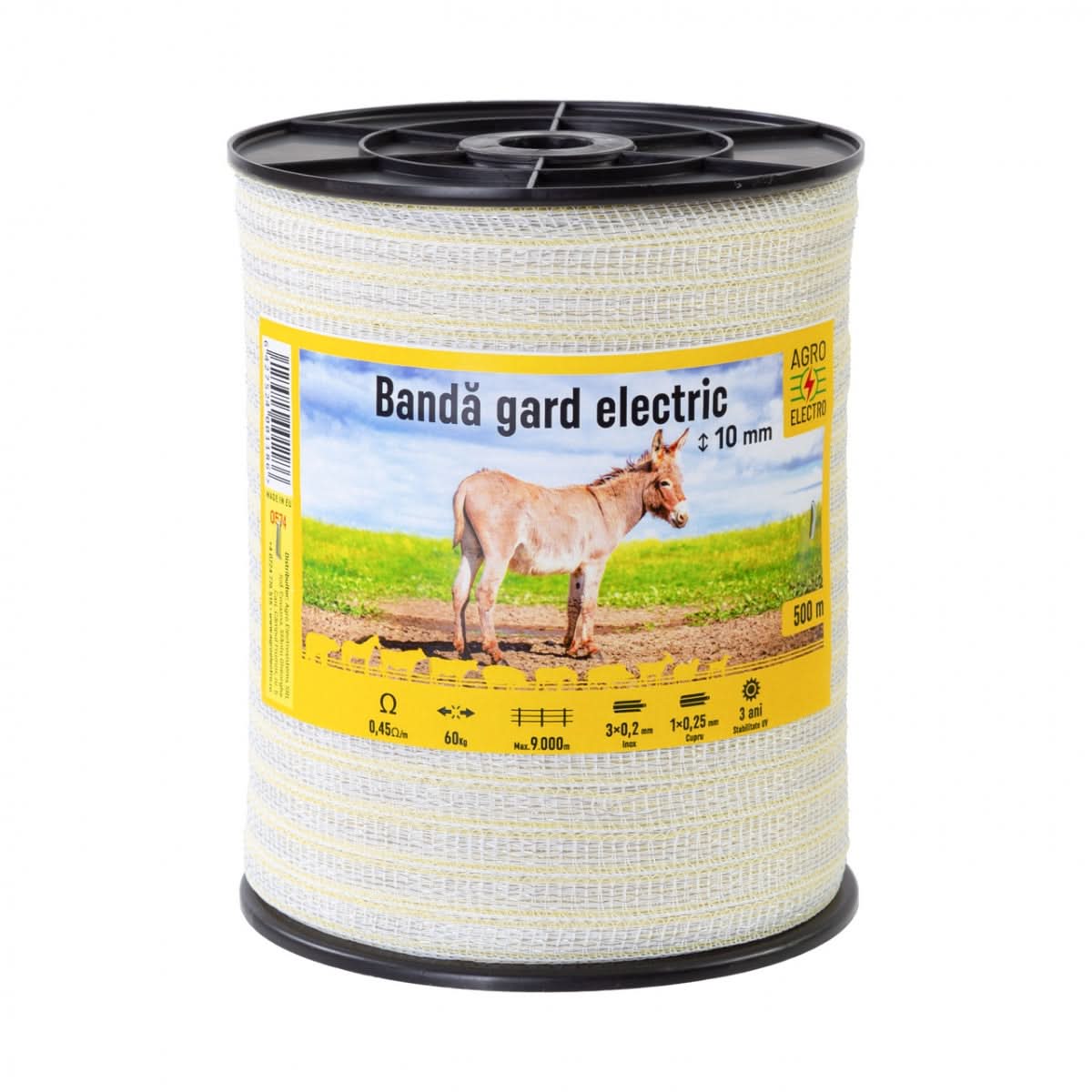 Bandă gard electric 10 mm, 500 m, 60 kg rezistență la rupere, 0,45 Ω/m rezistență electrică