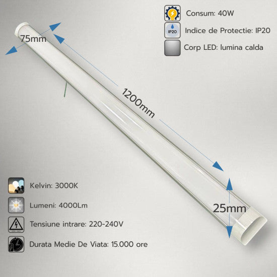 Corp LED Fida aluminiu, 40W, 3000K, 1200 mm