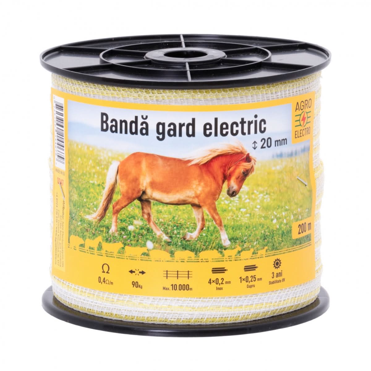 Banda gard electric 20 mm, 200 m, 90 kg rezistenta la rupere, 0,4 Ω/m rezistenta electrica
