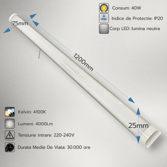 Corp LED Fida aluminiu, 40W, 4100K, 1200 mm