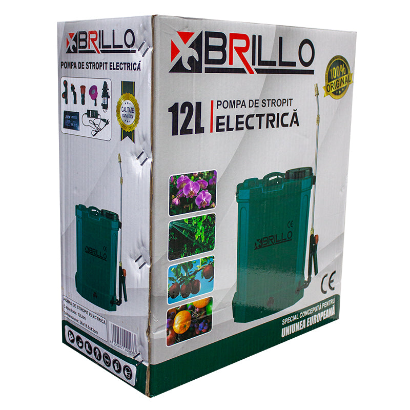 Pompa de stropit Brillo, 12L, cu baterie si manometru, lance inox si set diuze