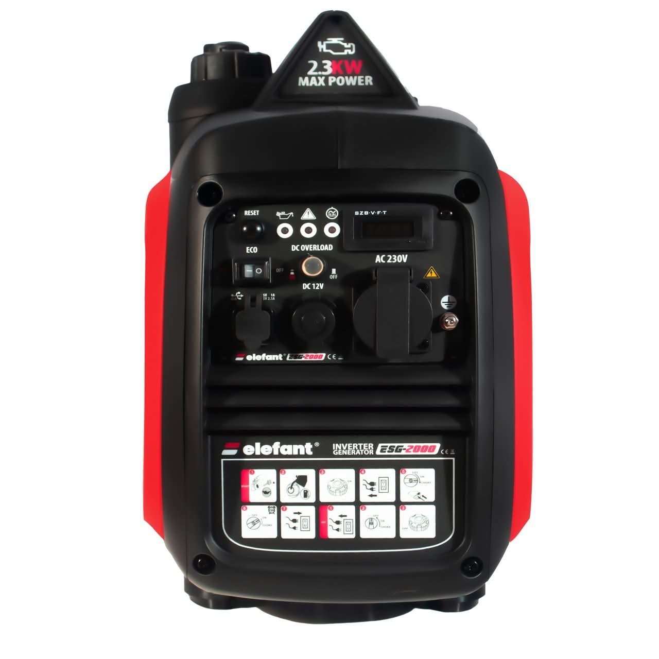 Generator cu invertor portabil ELEFANT ESG-2000, 2,3 kW, prize USB, siguranță de pornire și indicator combustibil