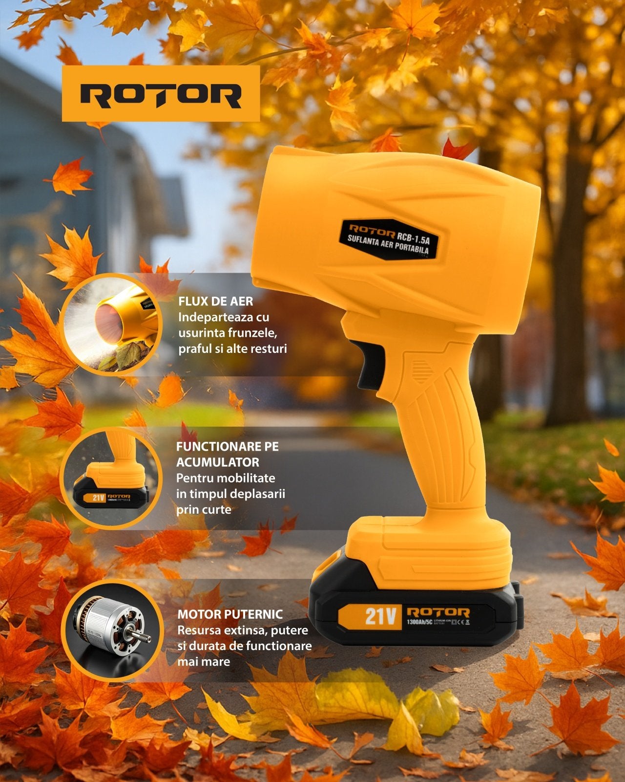 Suflanta aer pe acumulator ROTOR RCB-1.5A, 21V / 1,3Ah, motor 315W, viteza 45 m/s, compacta si usoara