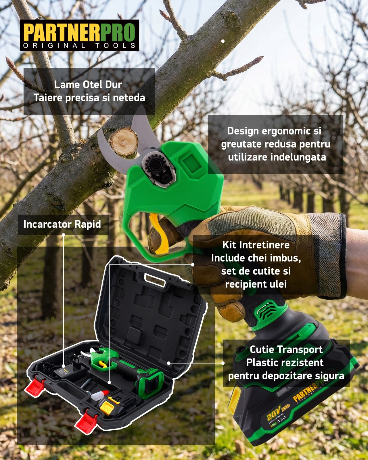 Foarfeca electrica PARTNERPRO PP-FE2A, 20V 2Ah, Brushless, 250 N