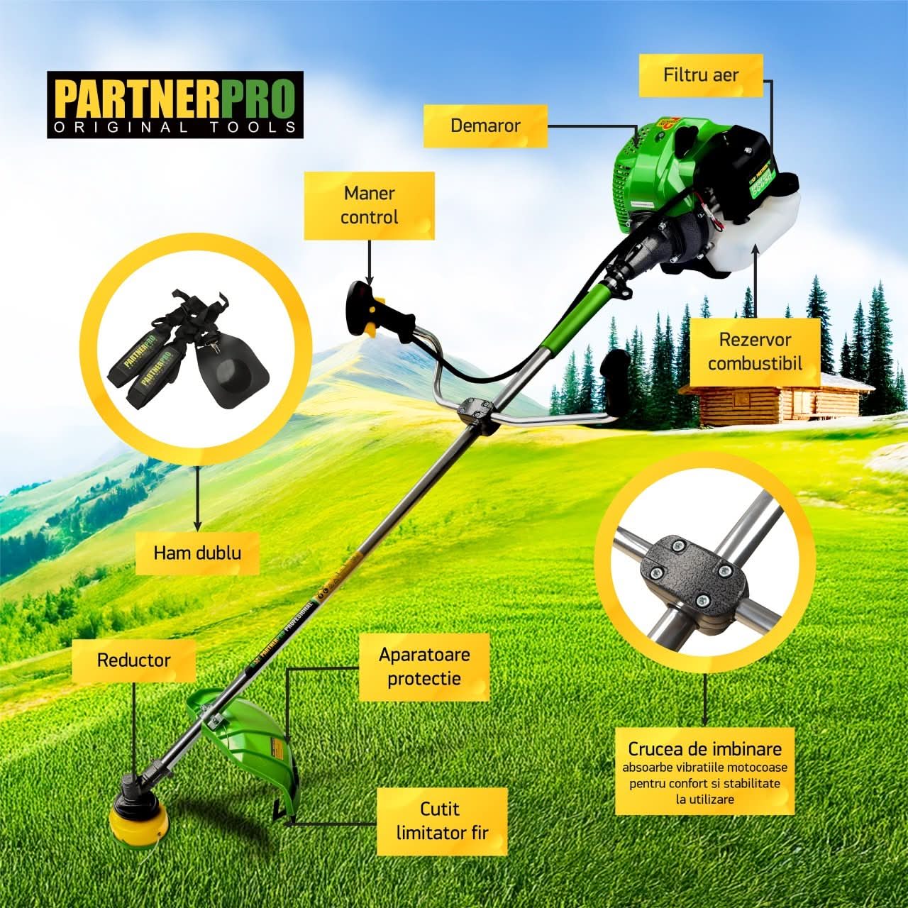 Motocoasa benzina Partner DX52E, 52cc, 5.5CP, 10000 rpm, 3 discuri incluse