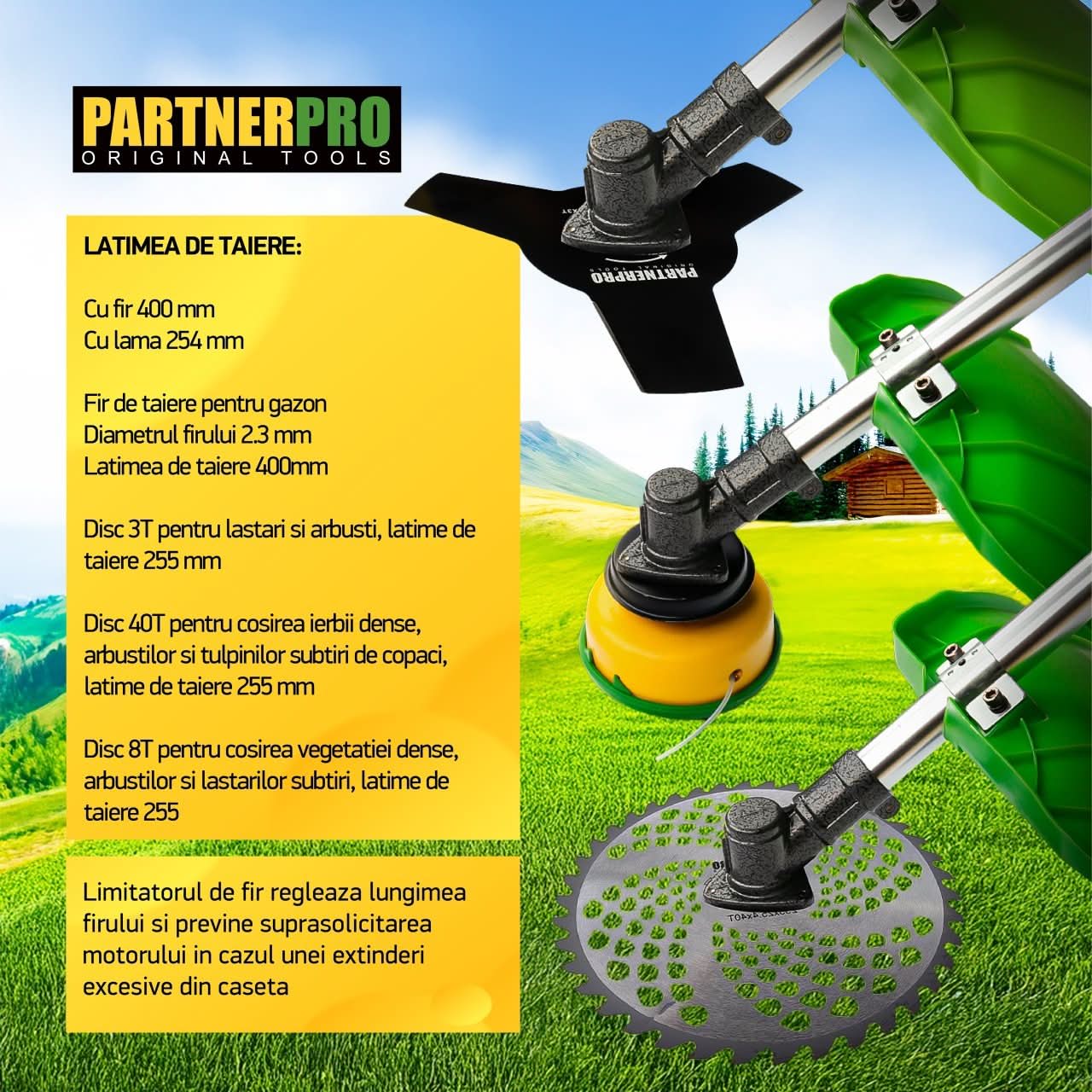 Motocoasa benzina Partner DX52E, 52cc, 5.5CP, 10000 rpm, 3 discuri incluse