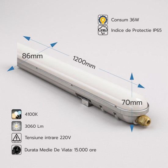 Corp LED, 36W, 6500K, IP65, 1200 mm