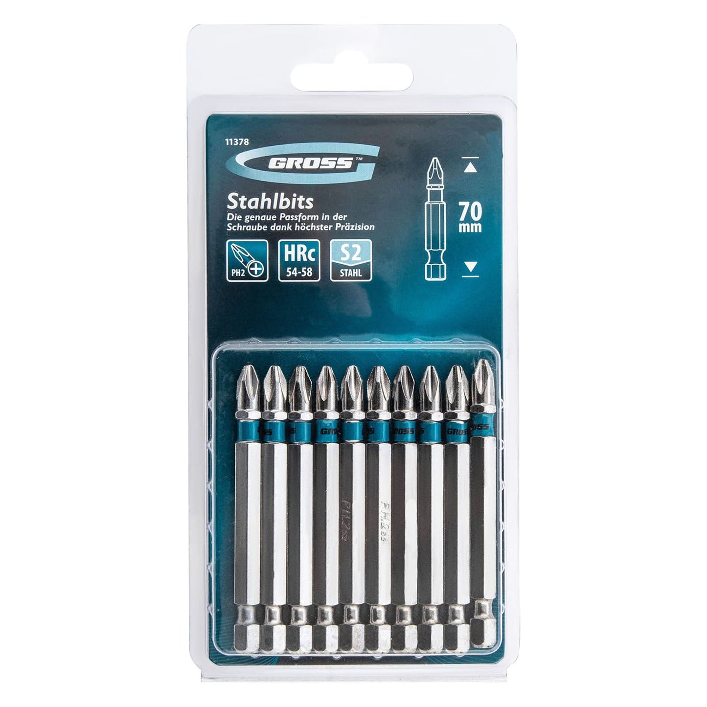 Set Biti Gross PH2 x 70 mm, Oțel S2, Profil Hexagonal, 10 Bucăți, Magnetici