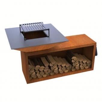 Gratar cu plita 10 mm si vatra pe lemne, 975x975x1050 mm, otel Corten, cu spatiu depozitare, 140 kg