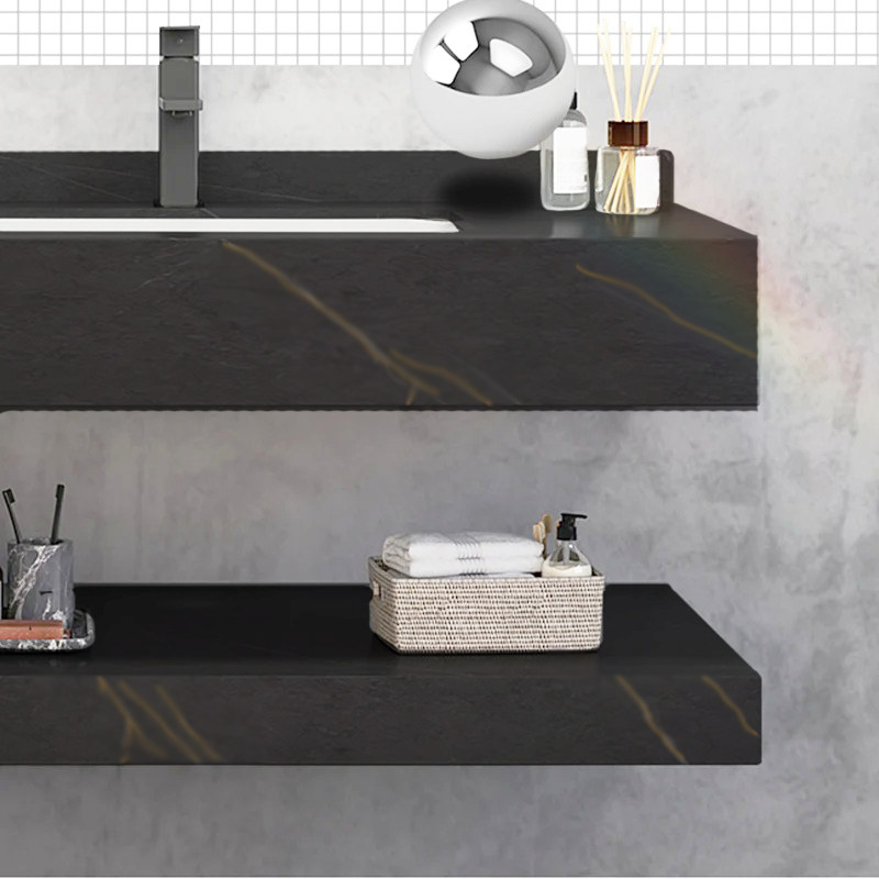 Set Mobilier Baie Sandonna LUMI Negru, Lavoar Piatra Sinterizata, Oglinda LED, Raft, 80x50x15 cm