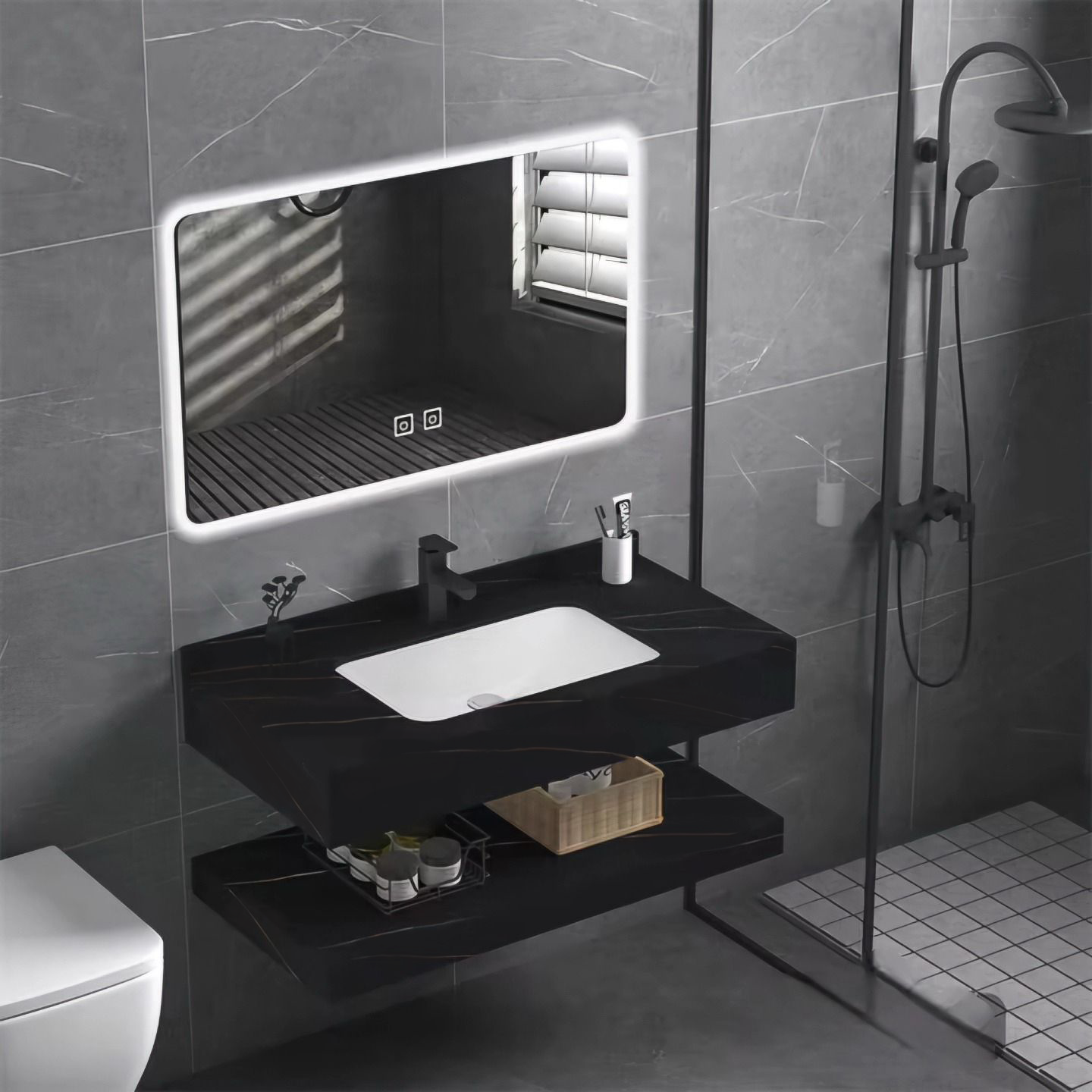 Set Mobilier Baie Sandonna LUMI Negru, Lavoar Piatra Sinterizata, Oglinda LED, Raft, 80x50x15 cm