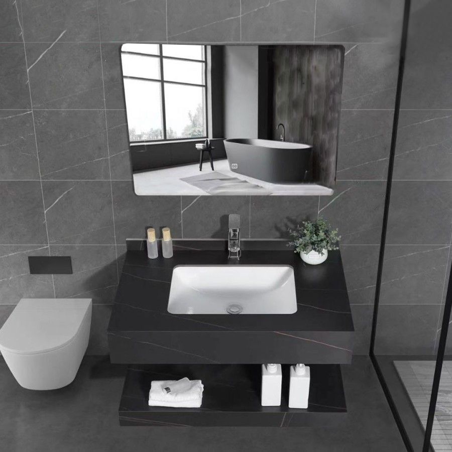 Set Mobilier Baie Sandonna LUMI Negru, Lavoar Piatra Sinterizata, Oglinda LED, Raft, 80x50x15 cm