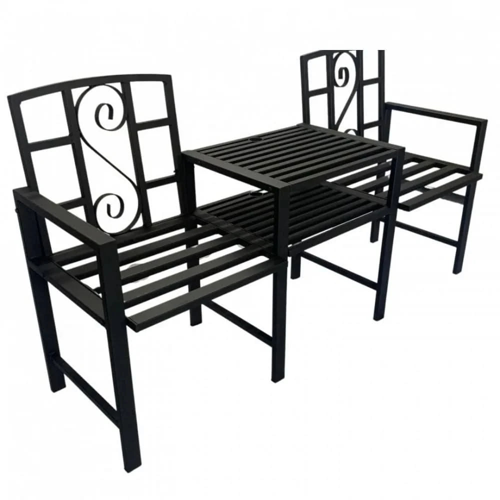 Set mobilier gradina VivaTechnix VMD-1046, masa si 2 scaune, otel, negru mat, cu orificiu umbrela