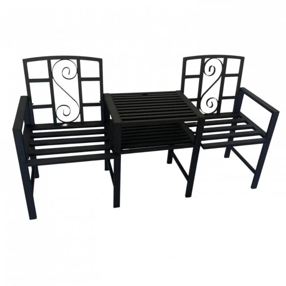 Set mobilier gradina VivaTechnix VMD-1046, masa si 2 scaune, otel, negru mat, cu orificiu umbrela