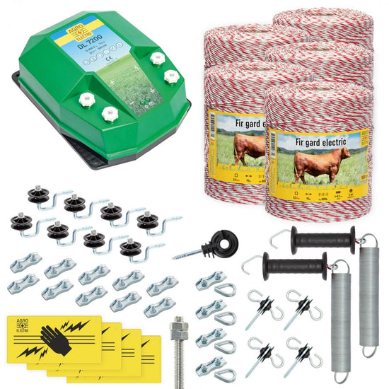 Pachet gard electric complet 5000m 7.2 Joule pentru animale domestice fir izolatori maner poarta conectori