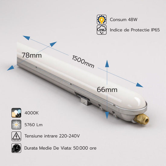 Corp LED 48W, 1500x78x66mm, 4100K, IP65