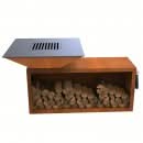 Gratar cu plita 10 mm si vatra pe lemne, 975x975x1050 mm, otel Corten, cu spatiu depozitare, 140 kg
