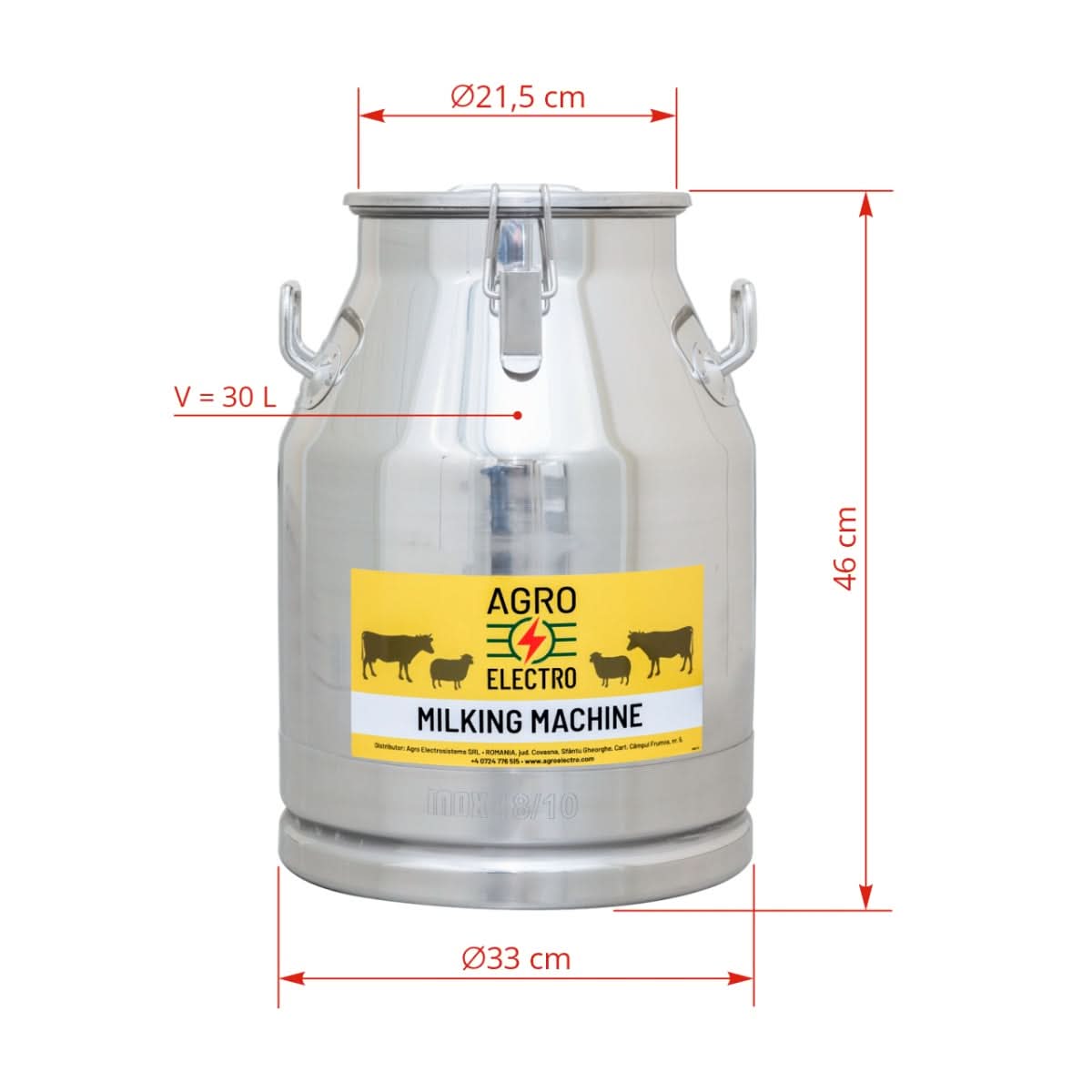 Bidon inox 30 litri pentru transport lapte - capac tip clips, etans