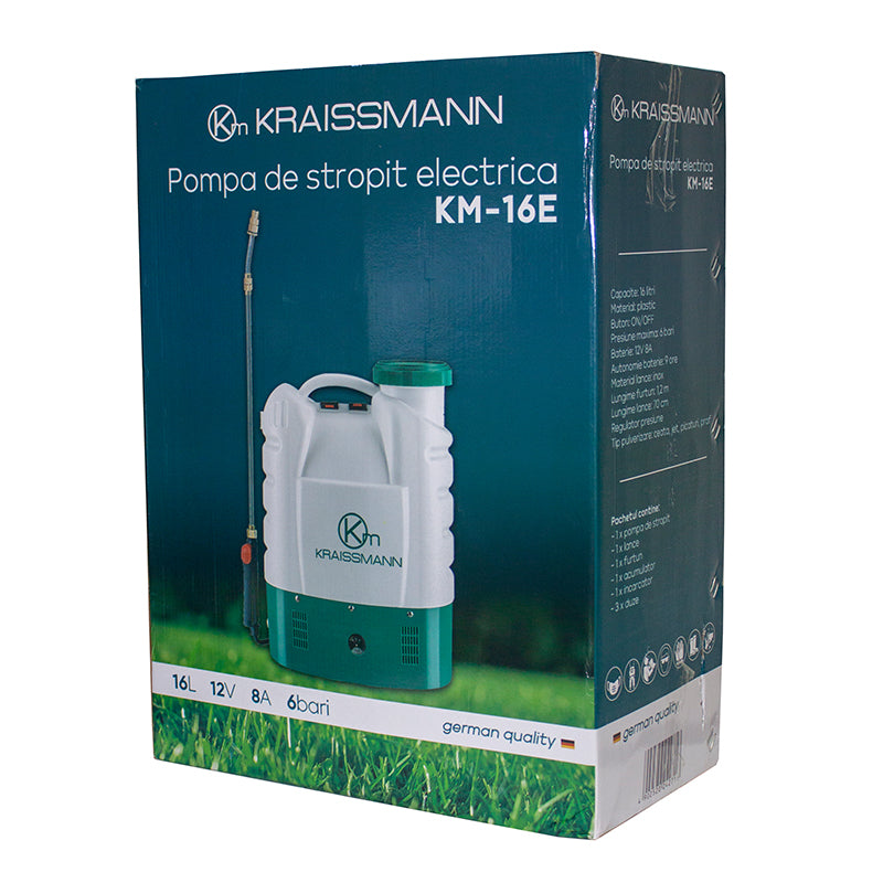 Pompa de stropit electrica Kraissmann 16L, cu baterie reincarcabila si manometru, set accesorii inclus