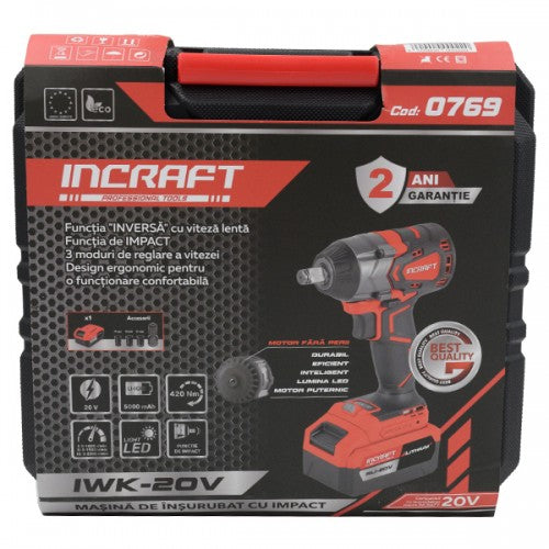 Masina insurubat cu impact 20V Incraft IWK-20V 420Nm motor fara perii 3 viteze 5Ah