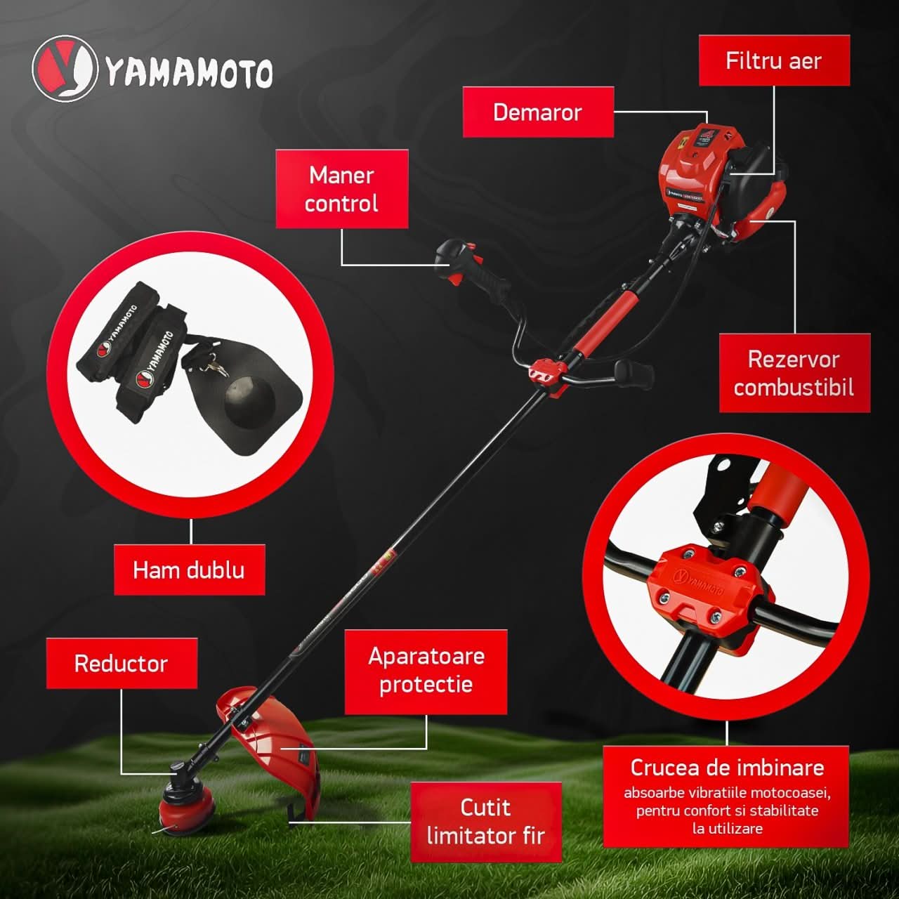 Motocoasa pe benzina Yamamoto YM-5600, 5.6CP, 52CC, 2 timpi, 10000 rpm, model 2025