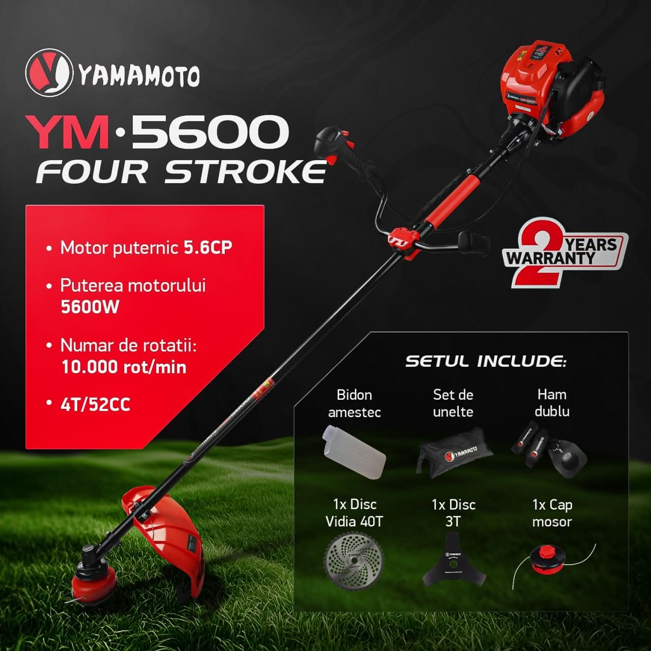 Motocoasa pe benzina Yamamoto YM-5600, 5.6CP, 52CC, 2 timpi, 10000 rpm, model 2025