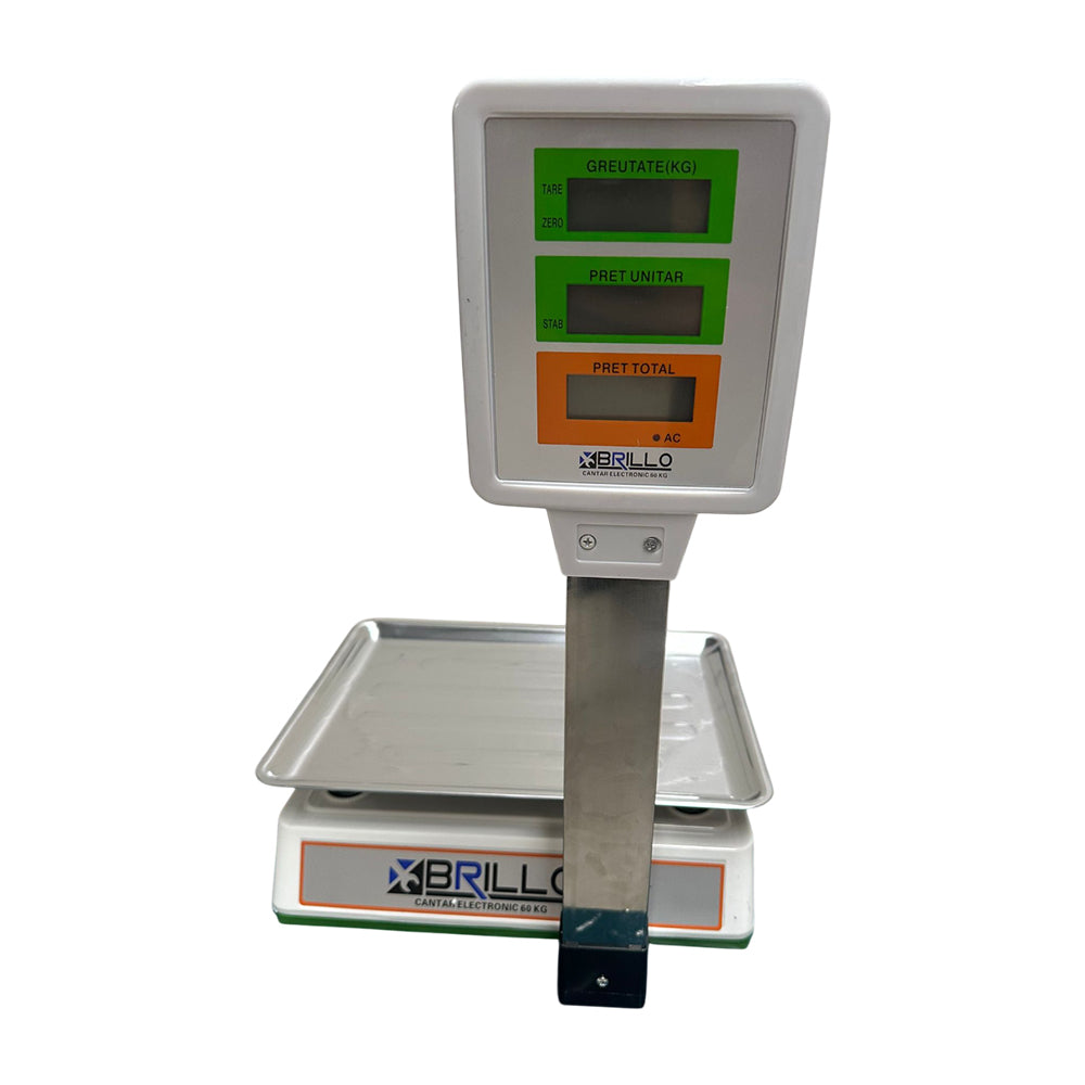 Cantar electronic Brillo 60kg, afisaj dublu LCD, platan inox, acumulator si incarcator incluse