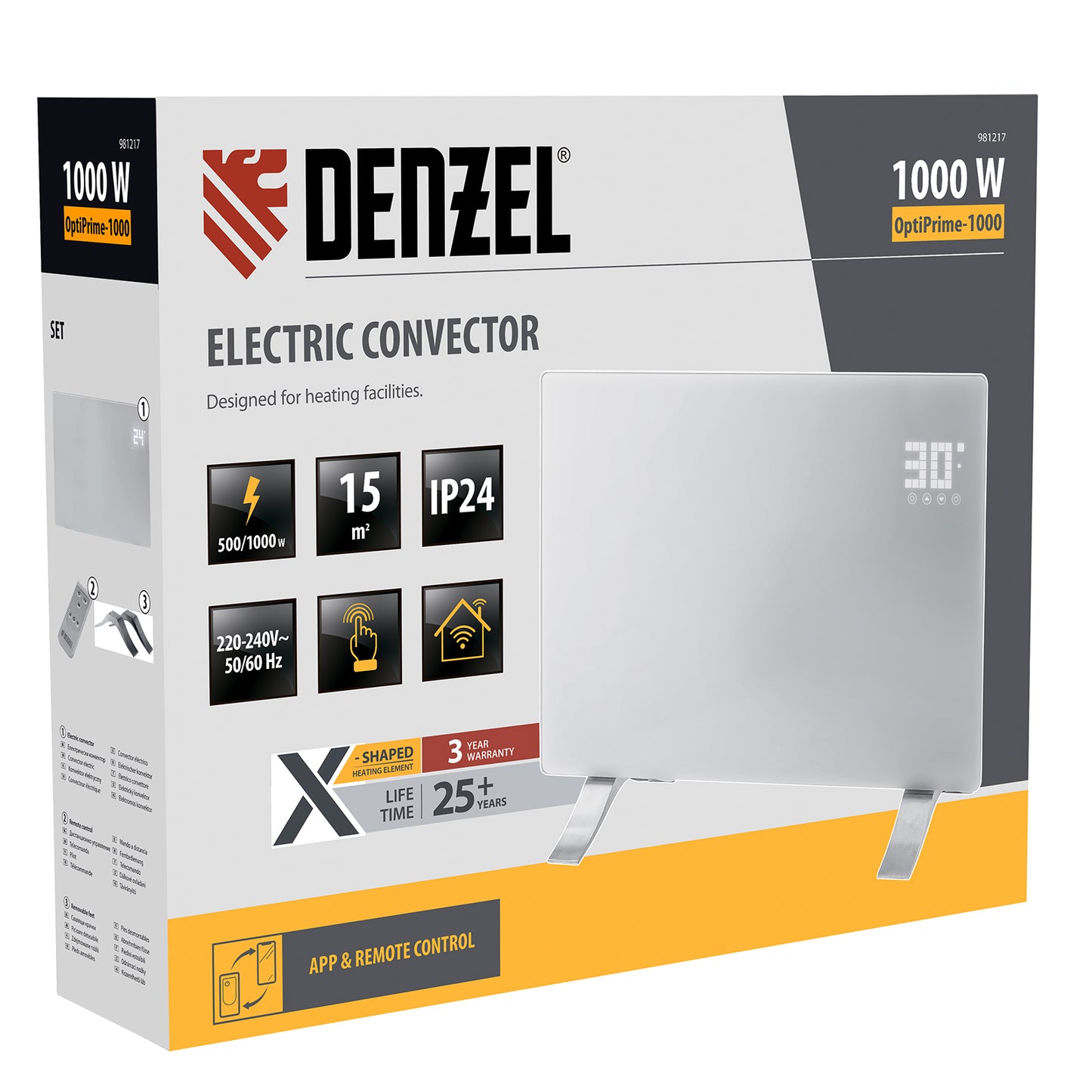 Convector electric Denzel OptiPrime-1000, 1000W, Wi-Fi, ecran tactil, termostat digital, montaj pe perete sau podea