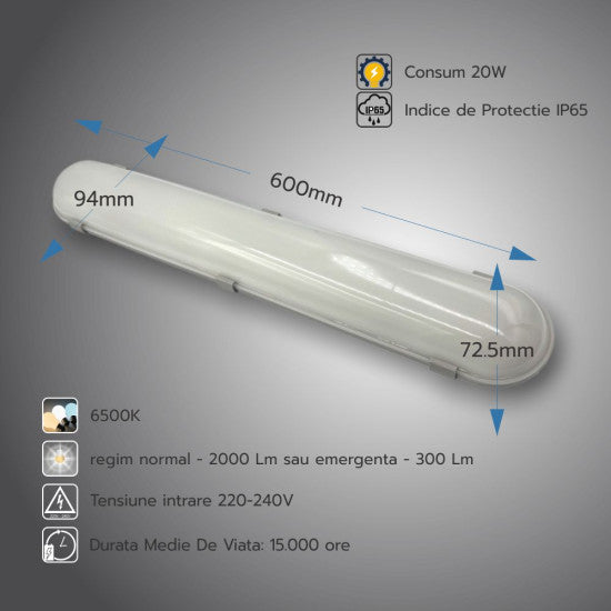 Corp LED IP65 20W, 600x94x72.5mm, 6500K, emergenta 3h