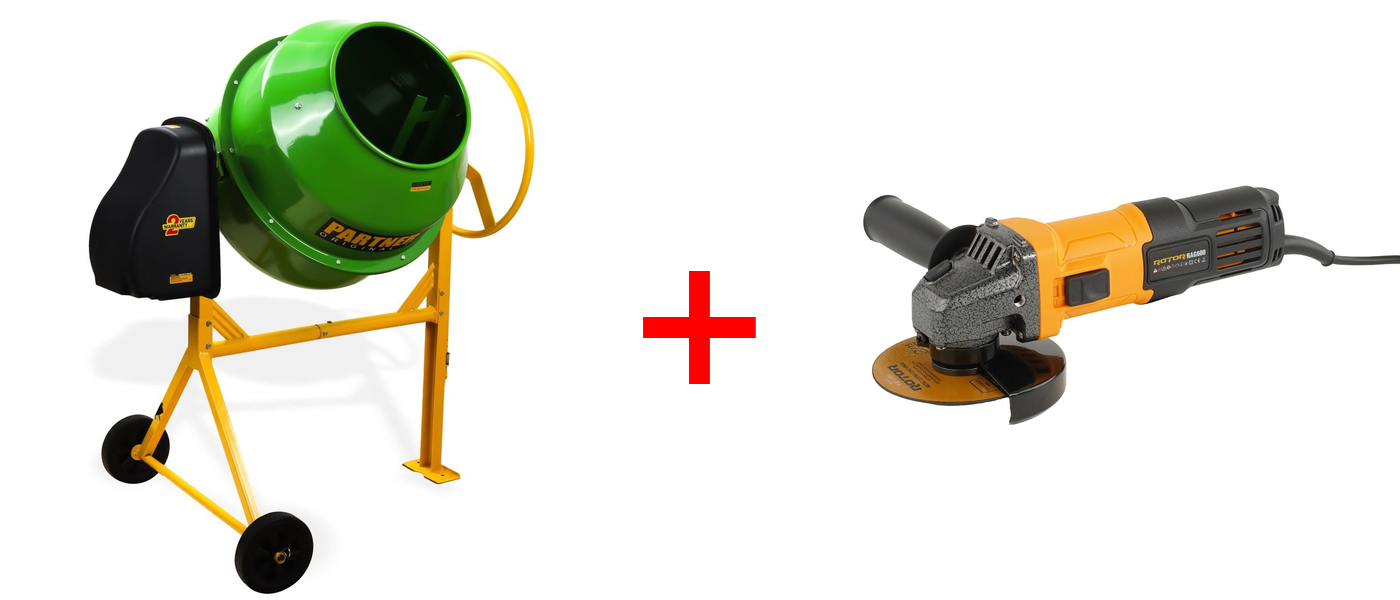 Pachet Betoniera PARTNERPRO BPO-210L 1100W cuva 210L + Polizor unghiular ROTOR RAG600 600W 115mm