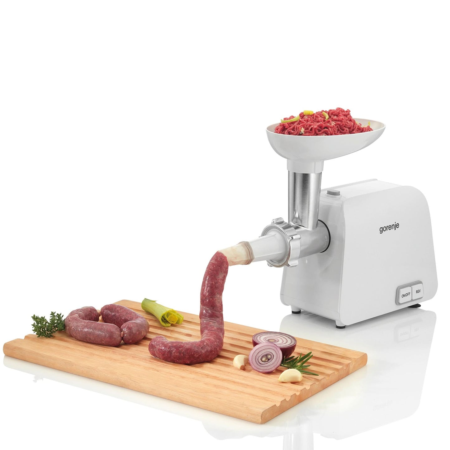 Masina de tocat carne Gorenje MG1602W, 1600W, 1.9 kg/min, 2 site, functie revers, talpi cauciuc, alb