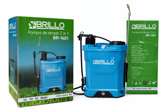 Pompa de stropit BRILLO 2 in 1, 16L, electrica si manuala, baterie 12V 8Ah, 6 bari, lance inox