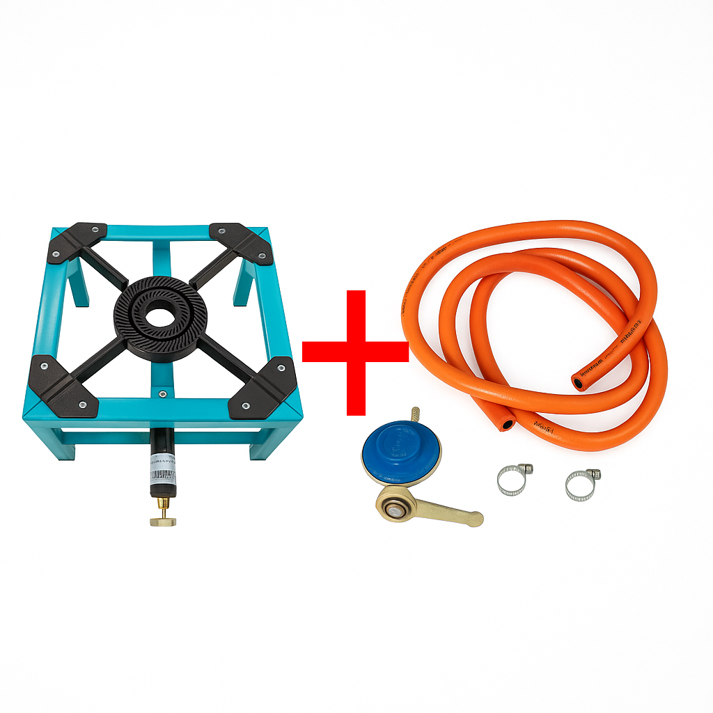 Pachet Pirostrie pe gaz BROMAN cadru metalic otel si arzator fonta 7.5 kW + Kit reglabil GPL RH-10, furtun 2m si coliere