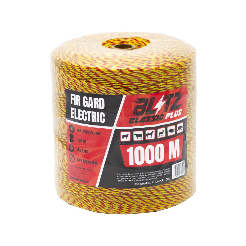 Fir gard electric 1000m BLITZ Classic Plus, 6 conductori, 125kg, rosu galben
