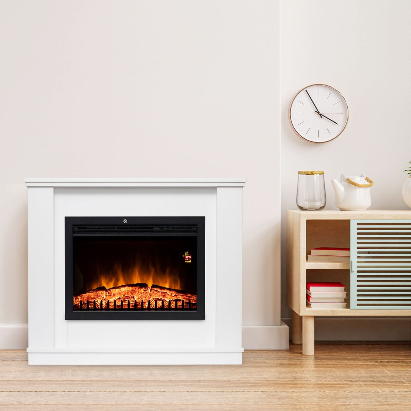 Semineu Electric BORA BORA FKK, 1000W / 2000W, Termostat Electronic, Efect Flacara LED, Telecomanda, Program Saptamanal, Culoare Lemn PAL