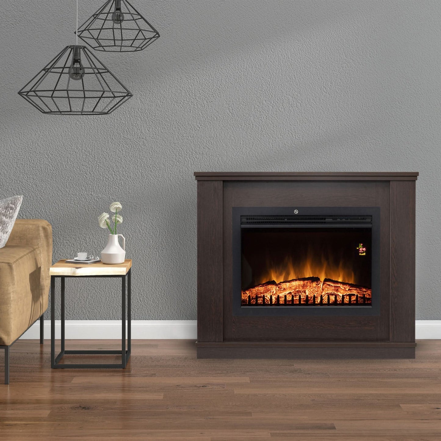 Semineu electric Milano, 2000W, flacara LED si busteni incandescenti, termostat electronic, telecomanda, program saptamanal, 96.5 x 76.5 x 27.5 cm