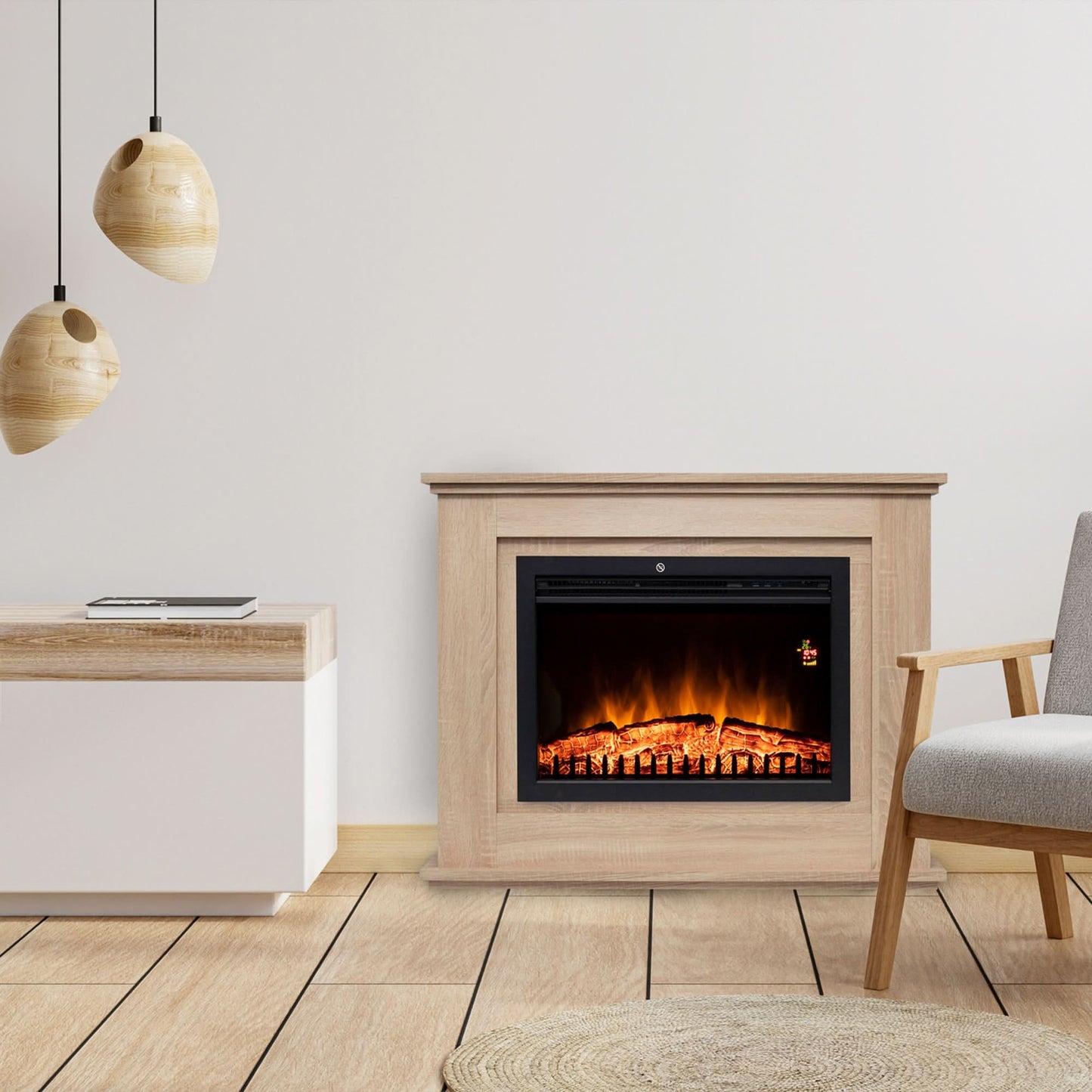 Semineu Electric Bologna FKK BOLOGNA, 1000W / 2000W, Efect de Flacara LED, Termostat Electronic, Program Saptamanal, Telecomanda, Culoare Lemn PAL