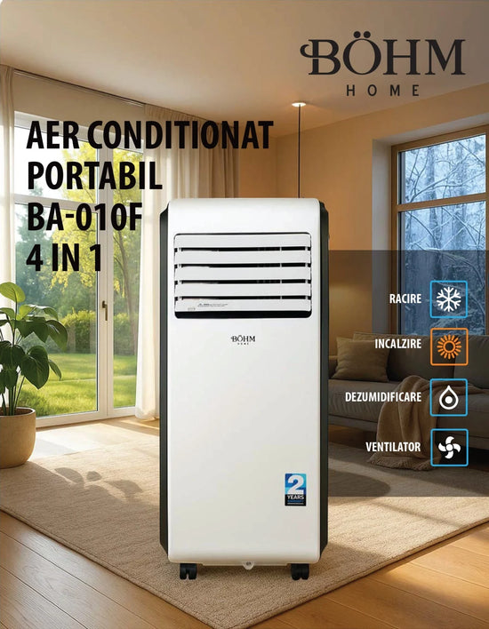 Aer conditionat mobil 4 in 1 BOHM, 9000 BTU, racire, incalzire, ventilatie, dezumidificare, R290