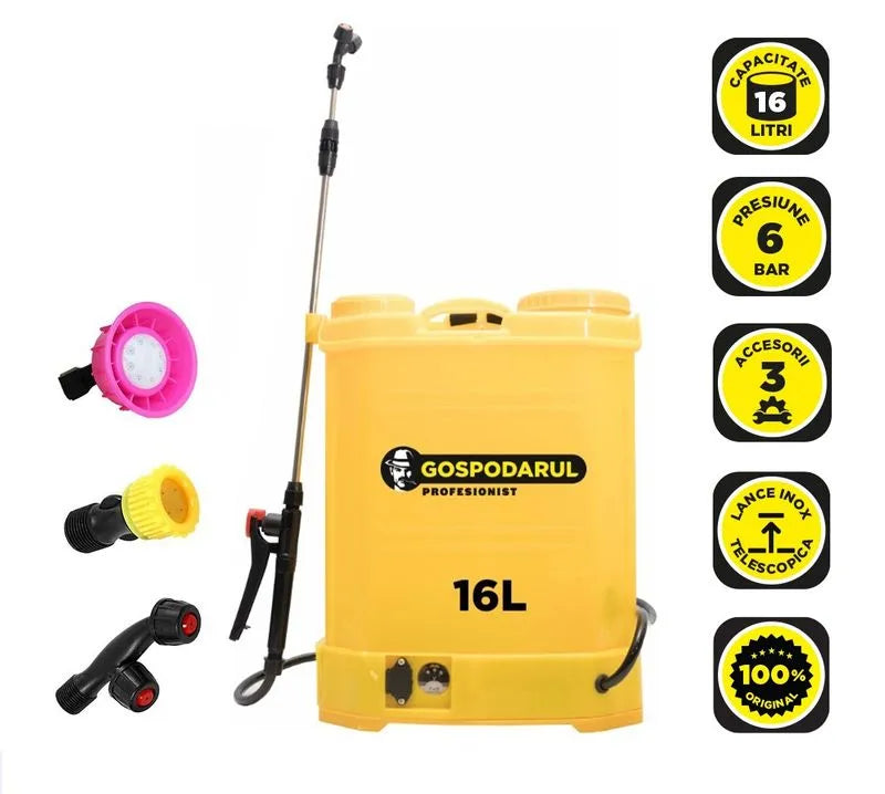 Pompa de stropit Gospodarul Profesionist 16L cu baterie, acumulator 12V, tija alama