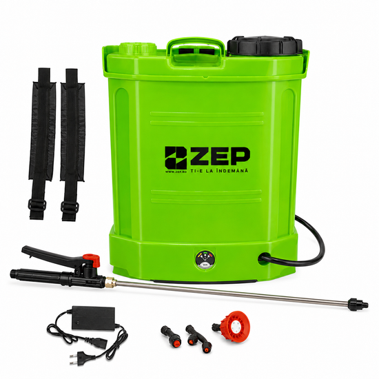 Pompa de Stropit cu Acumulator ZEP 16L, 12V 8Ah, 5.5 Bar, Lance Inox Telescopica, Regulator Presiune
