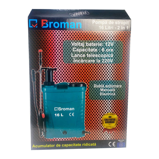 Pompa de Stropit Broman 16L | 2 in 1 Electric + Manual | 12V | 6h | Lance Telescopica