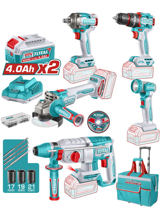 Set 5 unelte TOTAL 20V Industrial Brushless, 2 baterii 4.0Ah, incarcator si accesorii