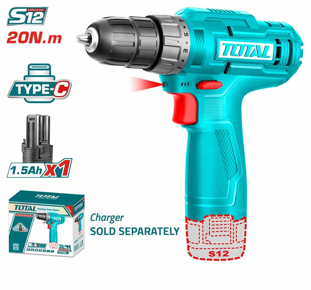 Masina de gaurit si insurubat profesionala TOTAL 12V, 1.5Ah Li-Ion, 20Nm, LED