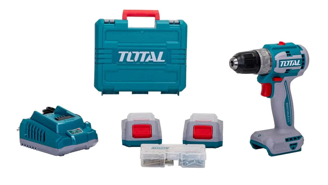 Masina de gaurit cu acumulator TOTAL 20V, motor fara perii, 2 acumulatori Li-Ion 2.0Ah, incarcator rapid si 47 accesorii
