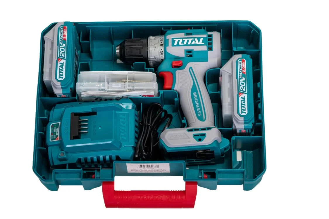 Masina de gaurit cu acumulator TOTAL 20V, motor fara perii, 2 acumulatori Li-Ion 2.0Ah, incarcator rapid si 47 accesorii