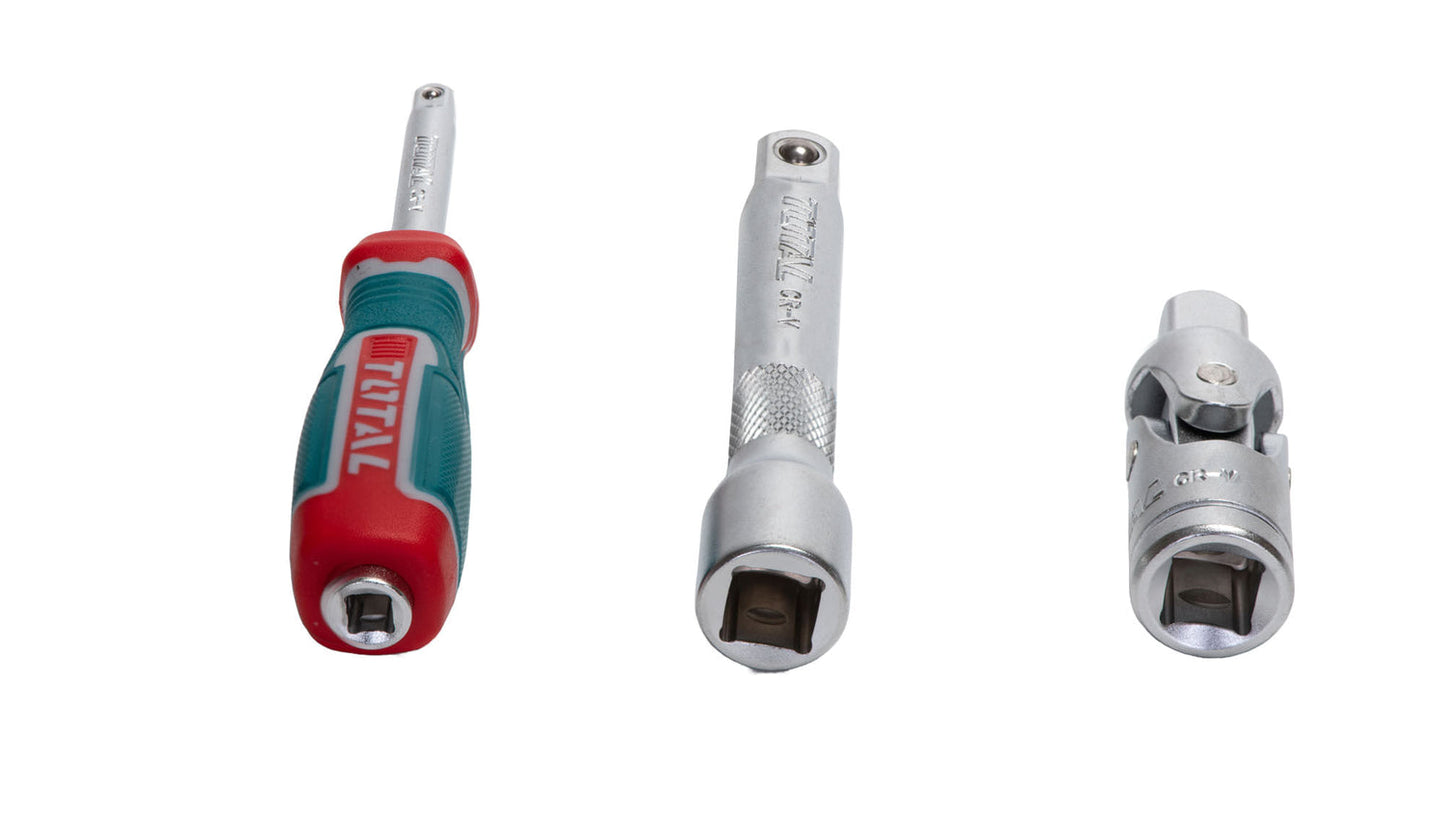 Trusa chei tubulare TOTAL 1/2 62 piese Cr-V, clichet 72T, cutie metalica