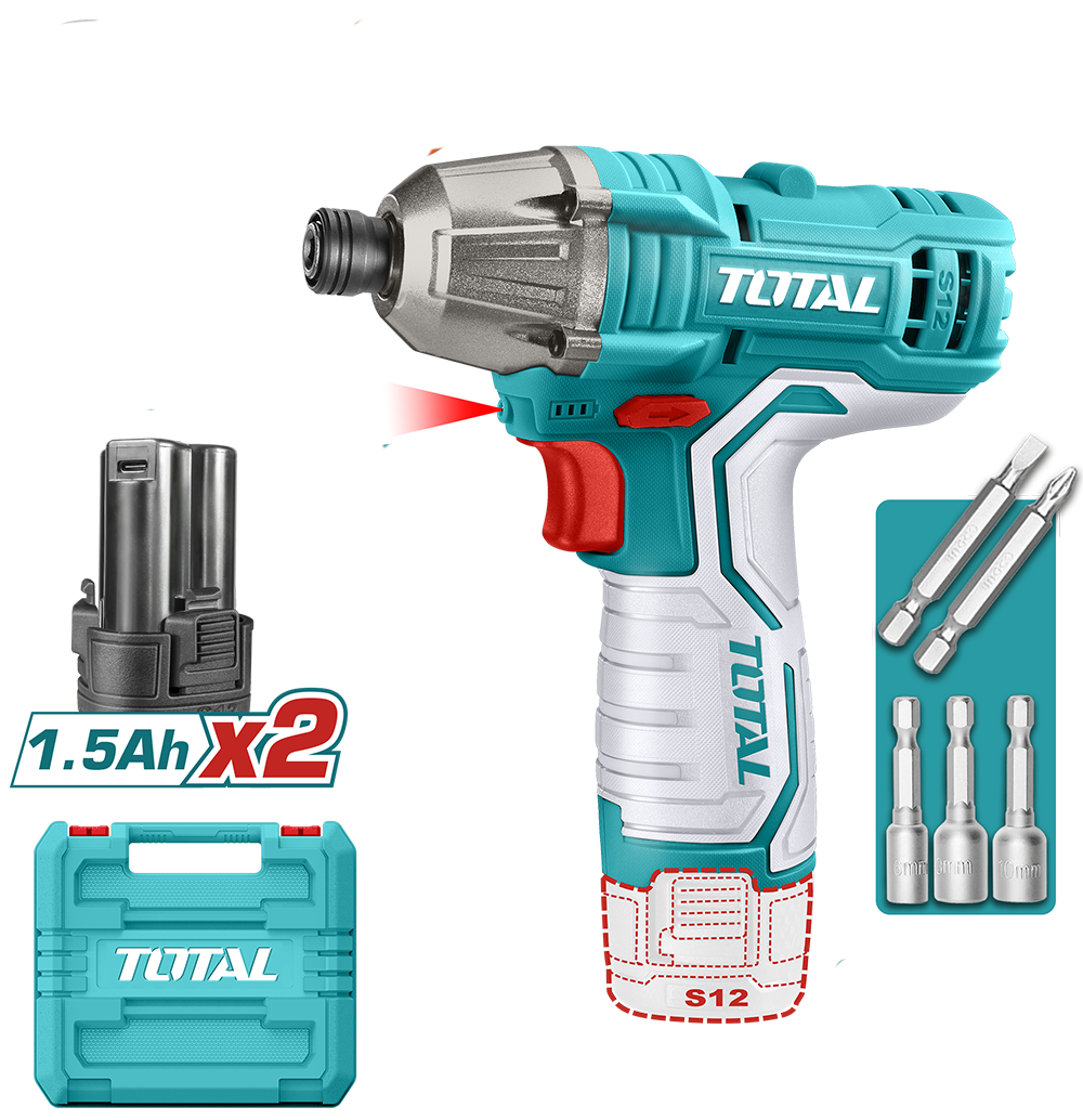Masina de insurubat cu impact TOTAL 12V, 100 Nm, 2 acumulatori 1.5Ah