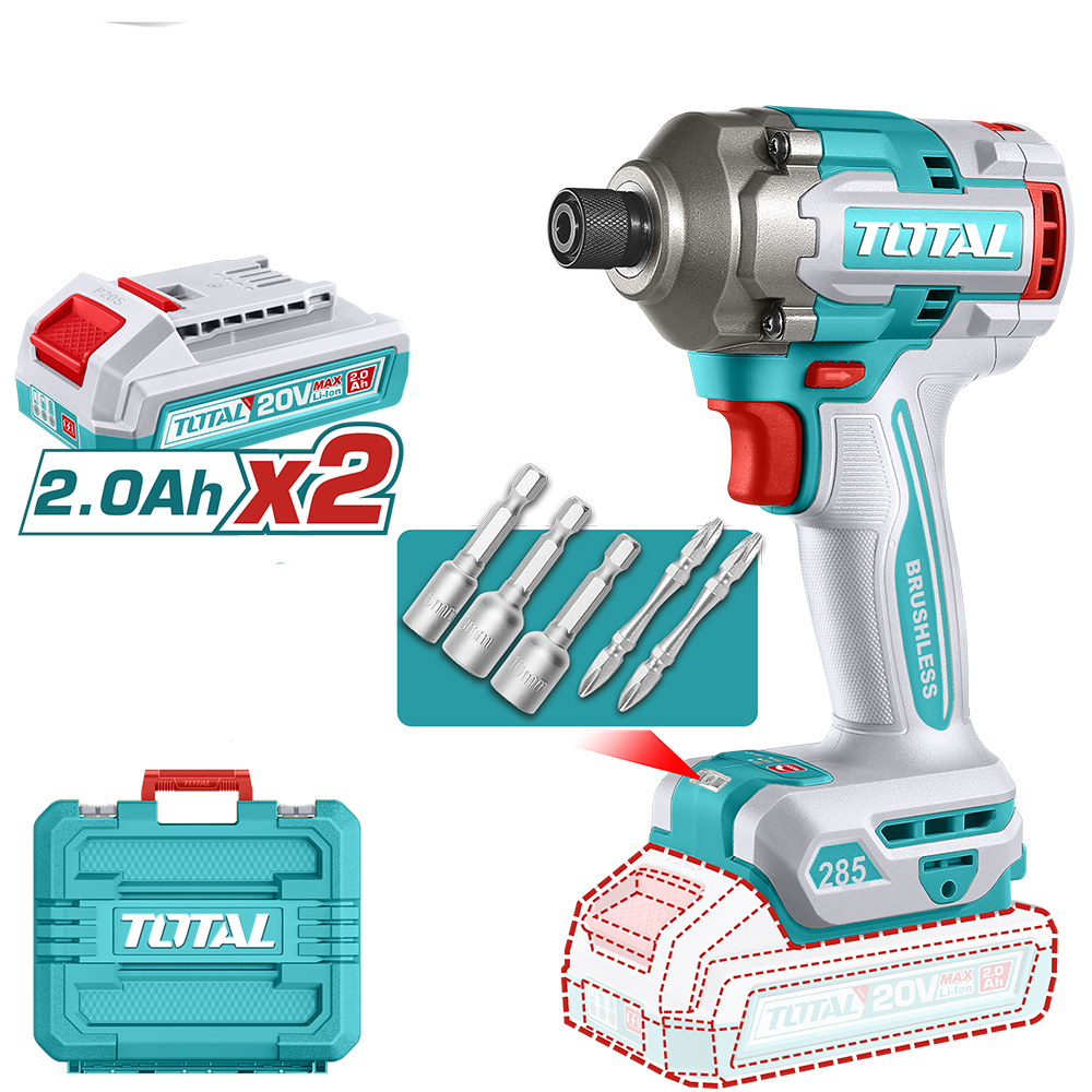 Masina de insurubat cu impact TOTAL 20V, 285 Nm, Li-Ion 2.0Ah (include 2 acumulatori si incarcator)