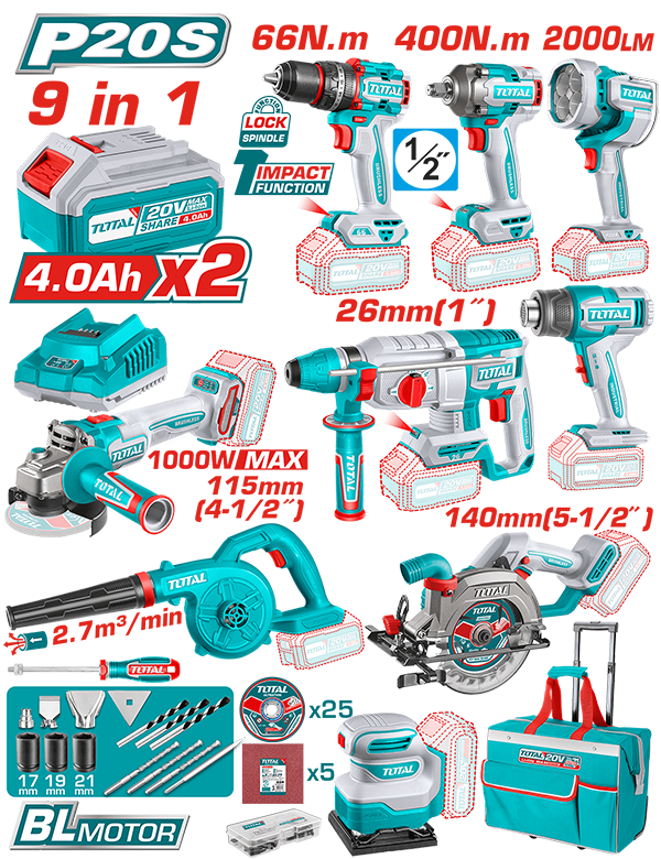 Kit Combo TOTAL 20V cu 9 unelte Brushless, 2 baterii 4Ah, incarcator si accesorii, geanta textila